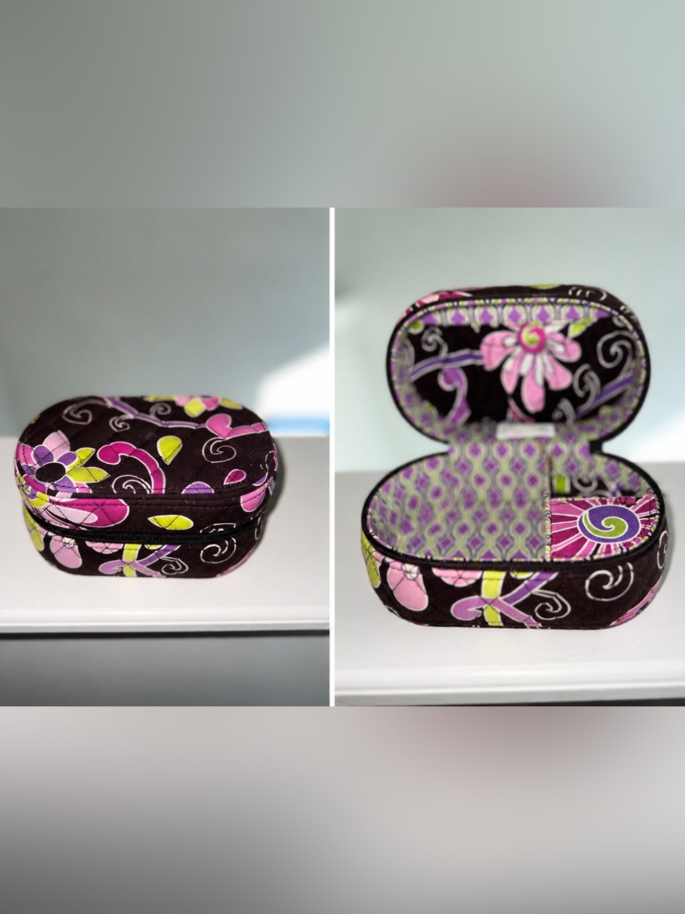Vera Bradley Floral Quilted Travel Jewelry Case Brown Pink Purple